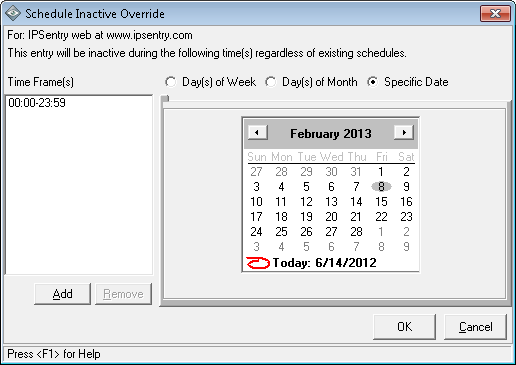 IPSentry device monitoring schedule override specific date and time